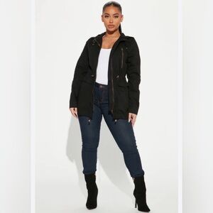 Black Hooded Zip Drawstring Jacket Mid-Length Size 2X